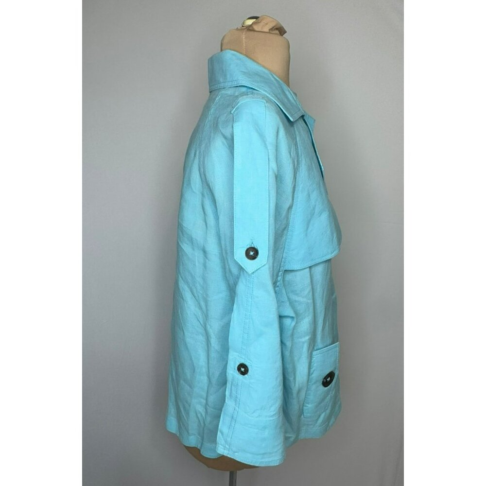 Chicos Womens Size 3 Cropped Linen Trench Jacket Light Blue Adjustable Sleeves - Picture 6 of 13
